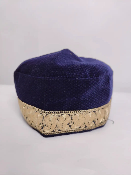 Dark Blue Kashmiri Cap in Velvet with Zari Tiila Work - Taimoor