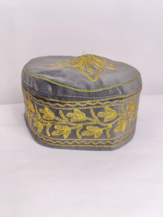 Foldable Grey Velvet Sijan Kashmiri Cap with Zari Tilla Embroidery