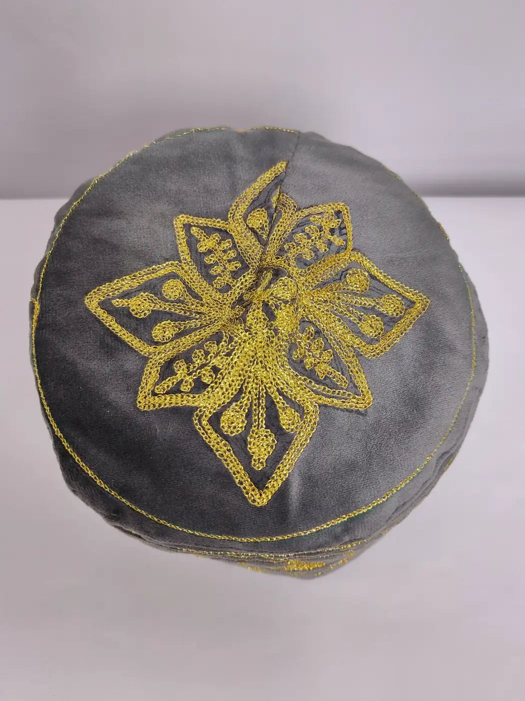 Foldable Grey Velvet Sijan Kashmiri Cap with Zari Tilla Embroidery