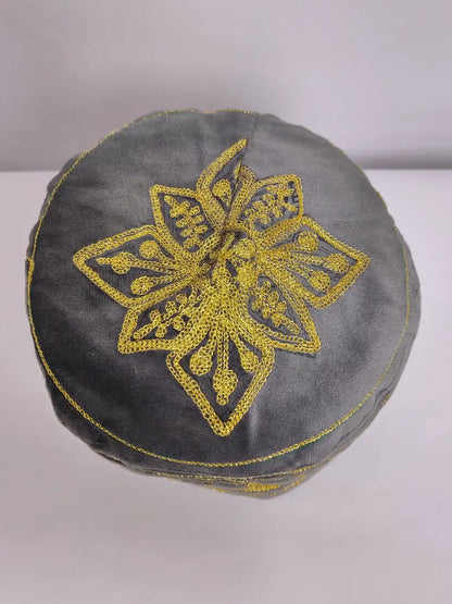 Foldable Grey Velvet Sijan Kashmiri Cap with Zari Tilla Embroidery