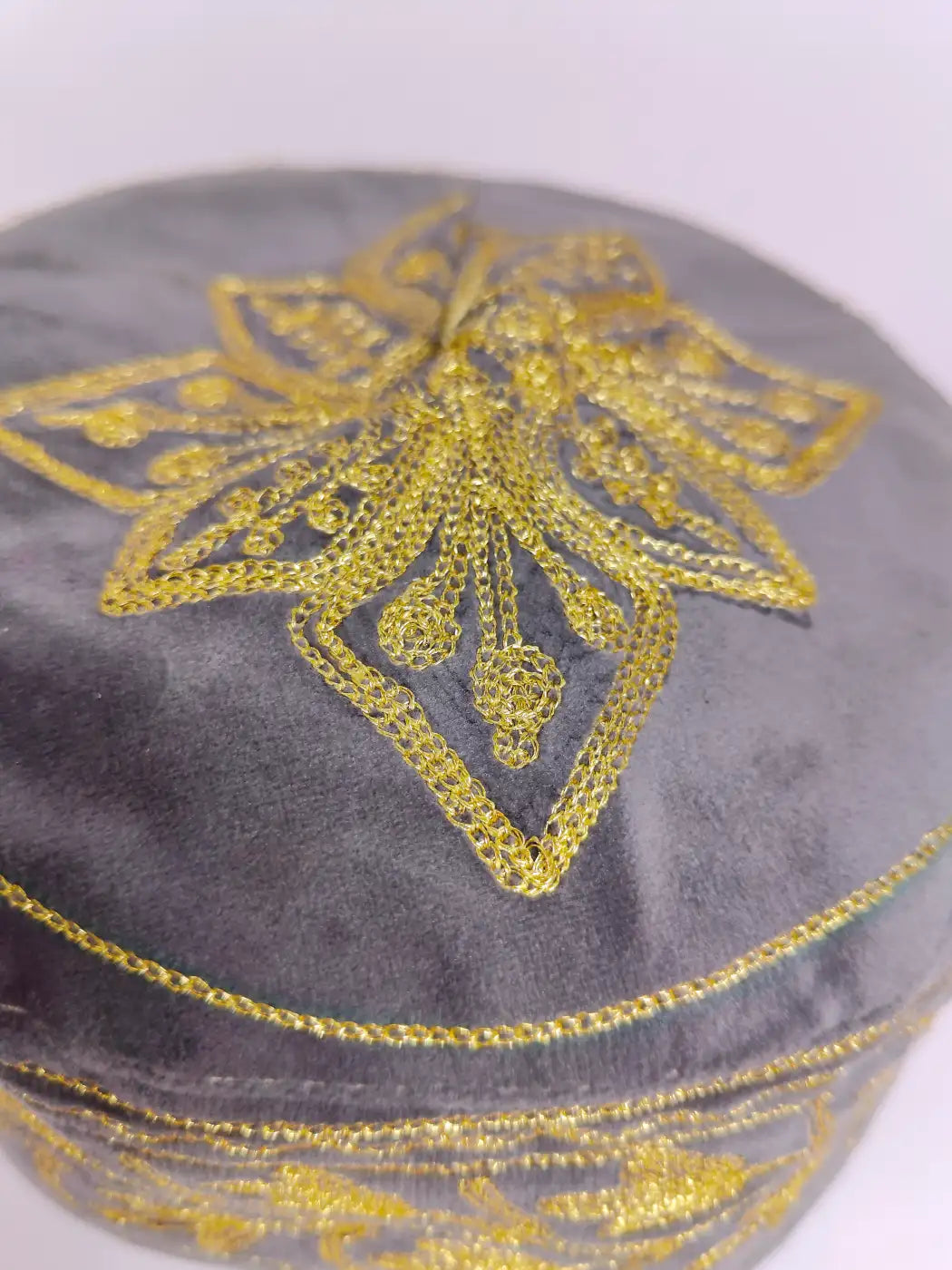Foldable Grey Velvet Sijan Kashmiri Cap with Zari Tilla Embroidery