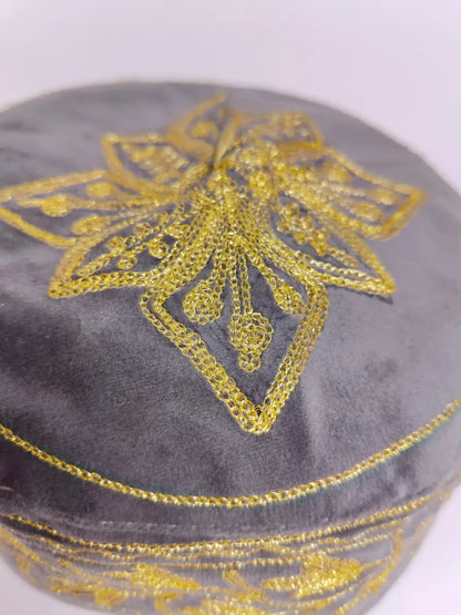 Foldable Grey Velvet Sijan Kashmiri Cap with Zari Tilla Embroidery