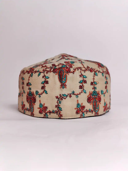 beige foldable cap with all over sozni embroidery in vinr pattern 