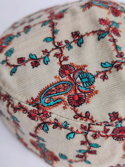 traditional Kashmiri cap with vine pattern sozni embroidery 