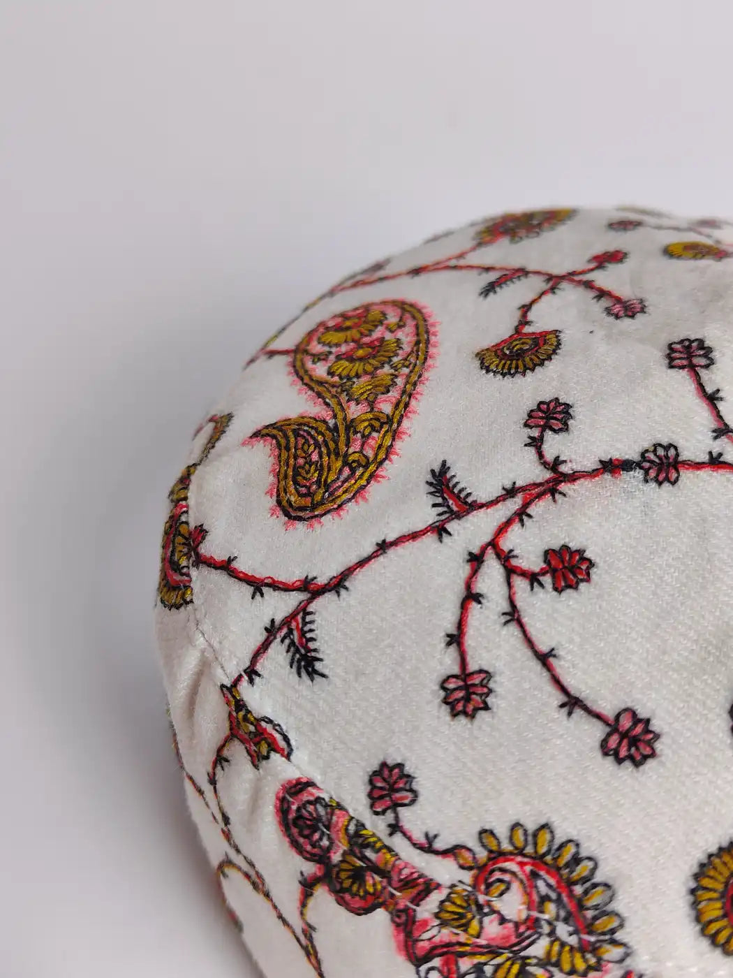 White Round Sozni Embroidery Cap
