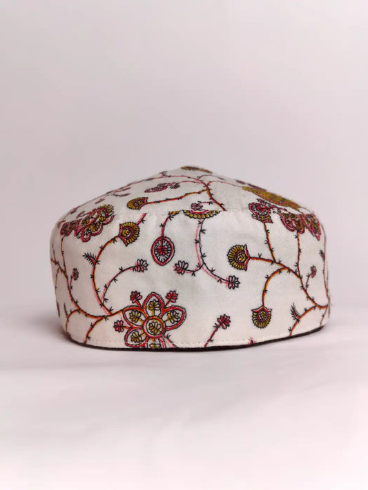 White Round Sozni Embroidery Cap