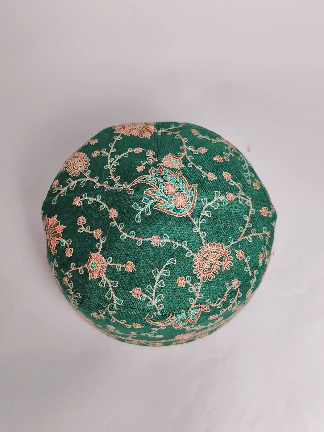Round Green Kufi Cap with Sozni Embroidery