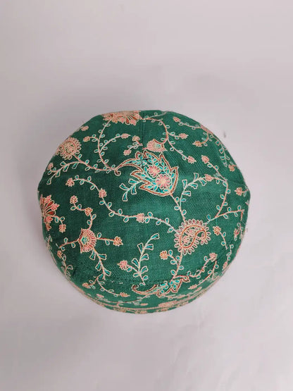 Round Green Kufi Cap with Sozni Embroidery
