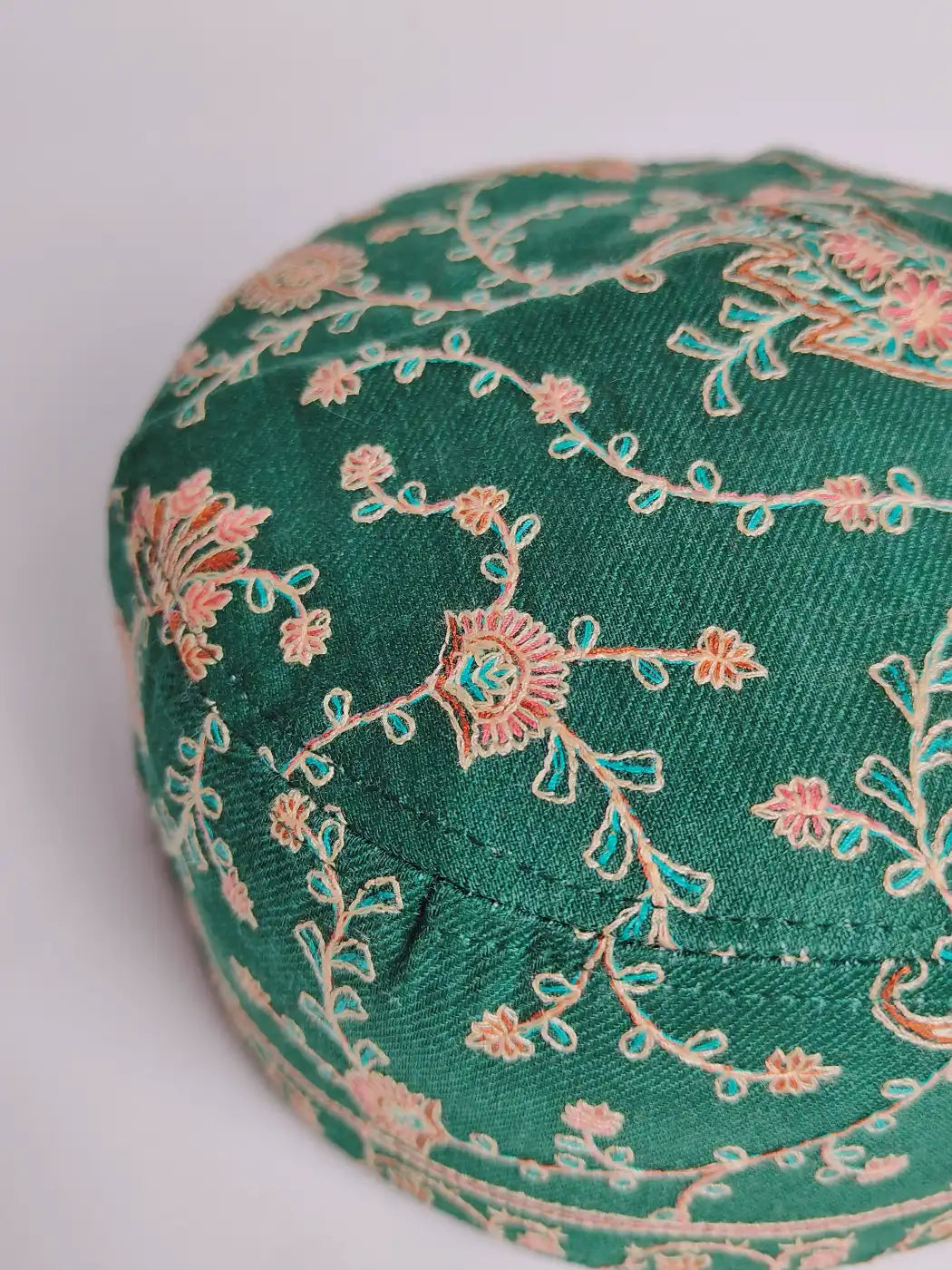 Round Green Kufi Cap with Sozni Embroidery
