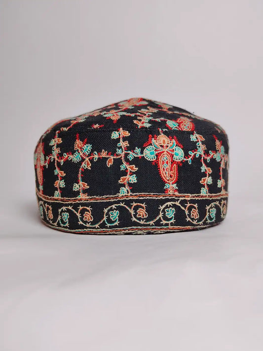 Mens Black Cap with Blue and Red Needlework Embroidery
