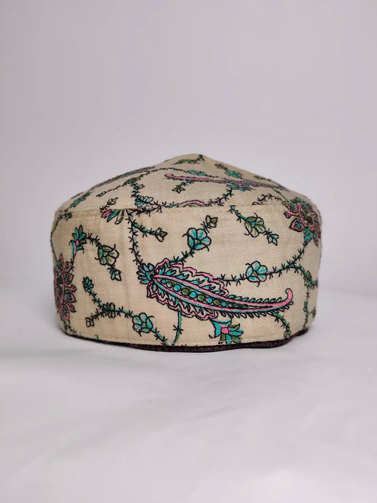 Handmade Beige Cap for Gents with Sozni Embroidery