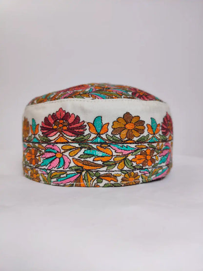 Nazakat White Sozni Paper Machie Jamawar Stylish Cap