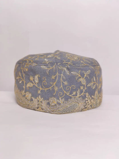 Kashmiri classic grey cap with all over zaro tilla and border continuous badam motifs 