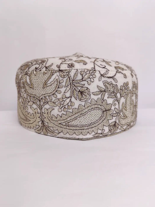 cream colour topi with badam motif zari tilla embroidery 