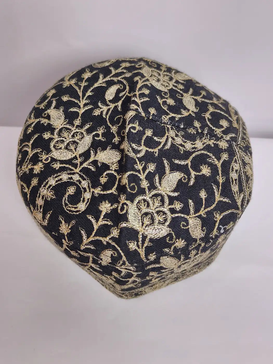 Kashmiri black cap with zari tilla embroidery in vine badam motifs