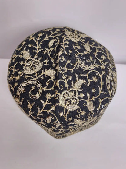 Kashmiri black cap with zari tilla embroidery in vine badam motifs