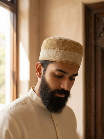 Kashmiri Round Ayaan Beige Cap with Hand Sozni Embroidery