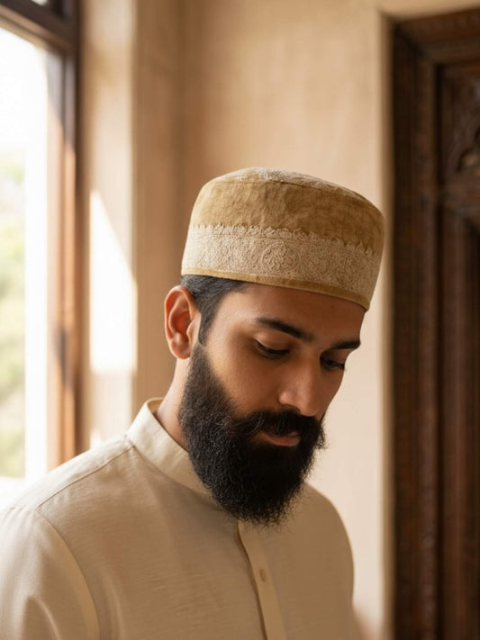 Kashmiri Round Ayaan Beige Cap with Hand Sozni Embroidery