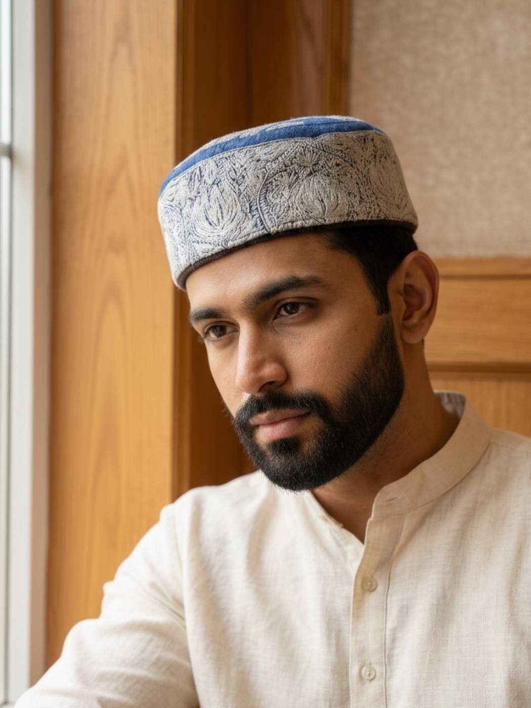 Kashmiri Blue Traditional Cap with Hand Sozni Embroidery Aftab