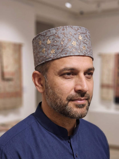 Zari Work Round Cap in Grey With Chinar Design