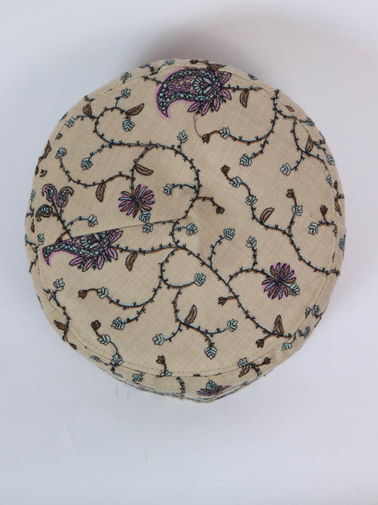 Beige Kashmiri Sozni Cap Barakah | Needlework Topi