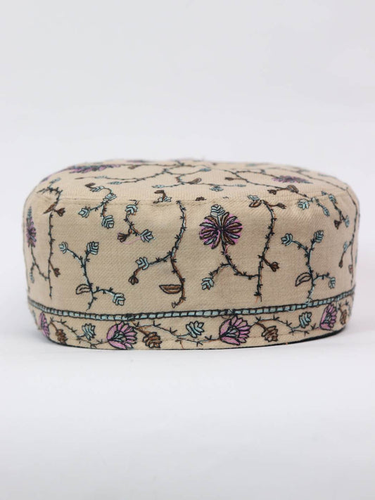 Beige Kashmiri Sozni Cap Barakah | Needlework Topi