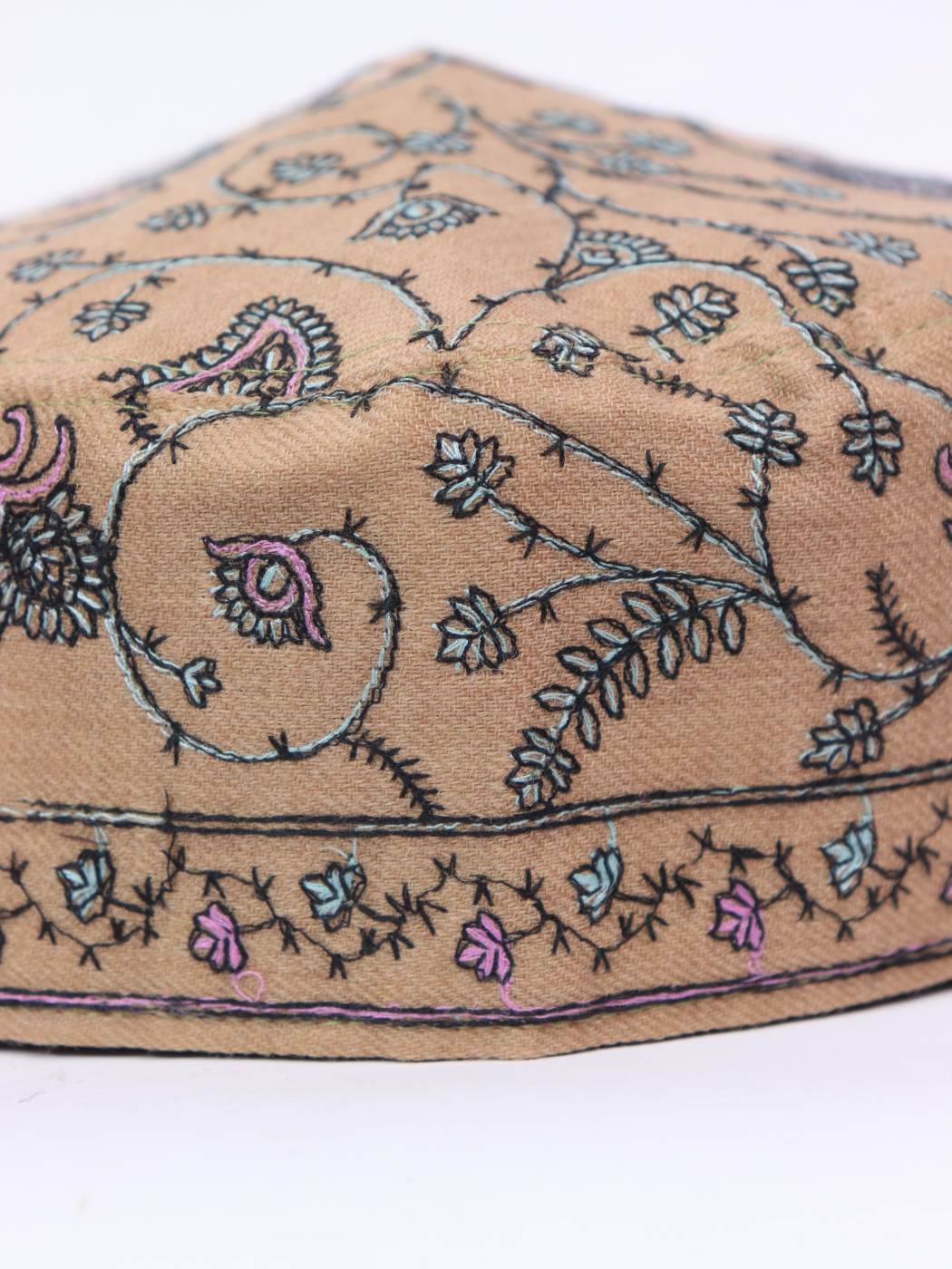Barakah Light Brown Sozni Cap from Kashmir | Needlework Topi