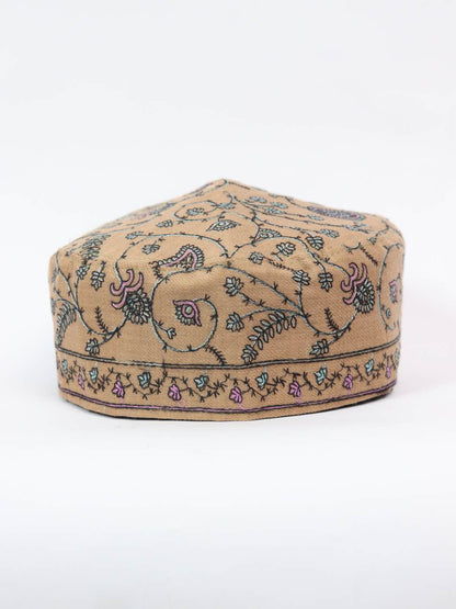 Barakah Light Brown Sozni Cap from Kashmir | Needlework Topi