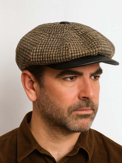 Wool Flat Cap | Stripes Hat with Leather Button on Top