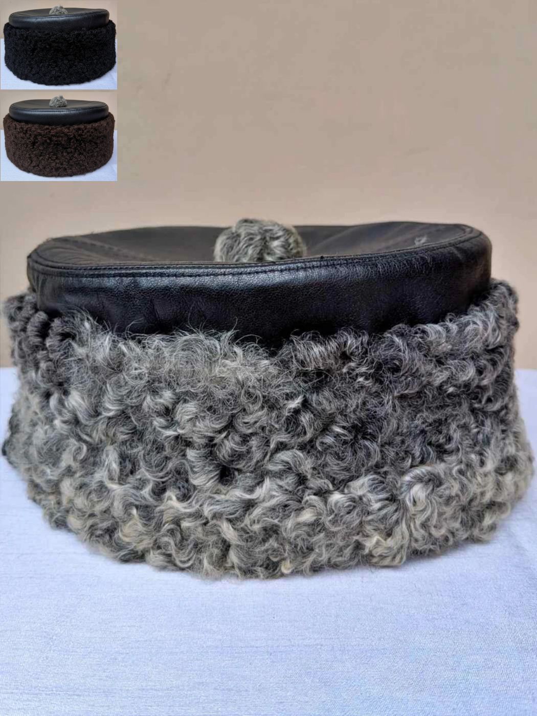 Black Pure Leather Top Karakul Cap | Round Hat Made With Fur Sides | Aurangzeb