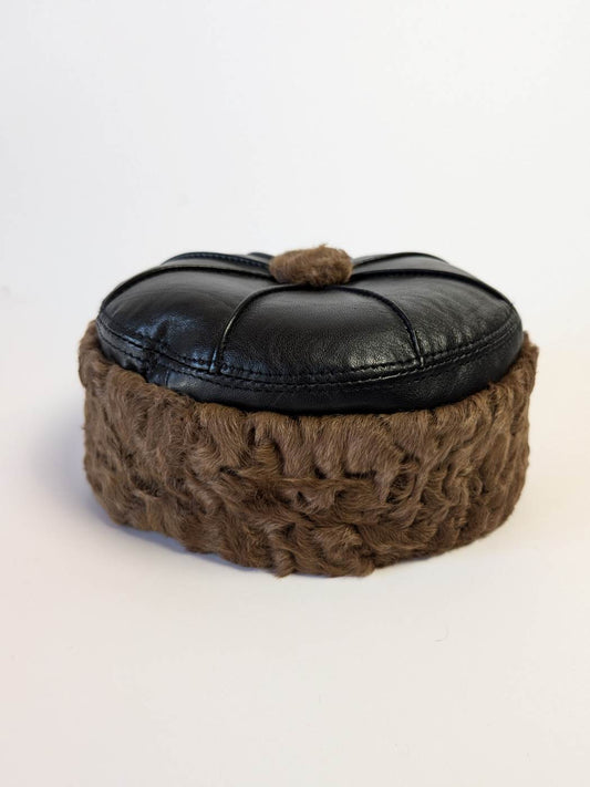 Leather Cap Natural Karakul Fur Brim | Black and Brown | 6 Panel Design