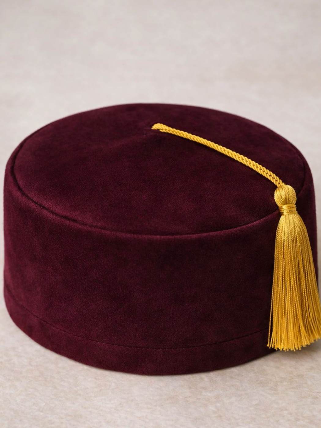 Maroon Velvet Turkish Fez Inspired Cap With Tassle | Height 3 Inch