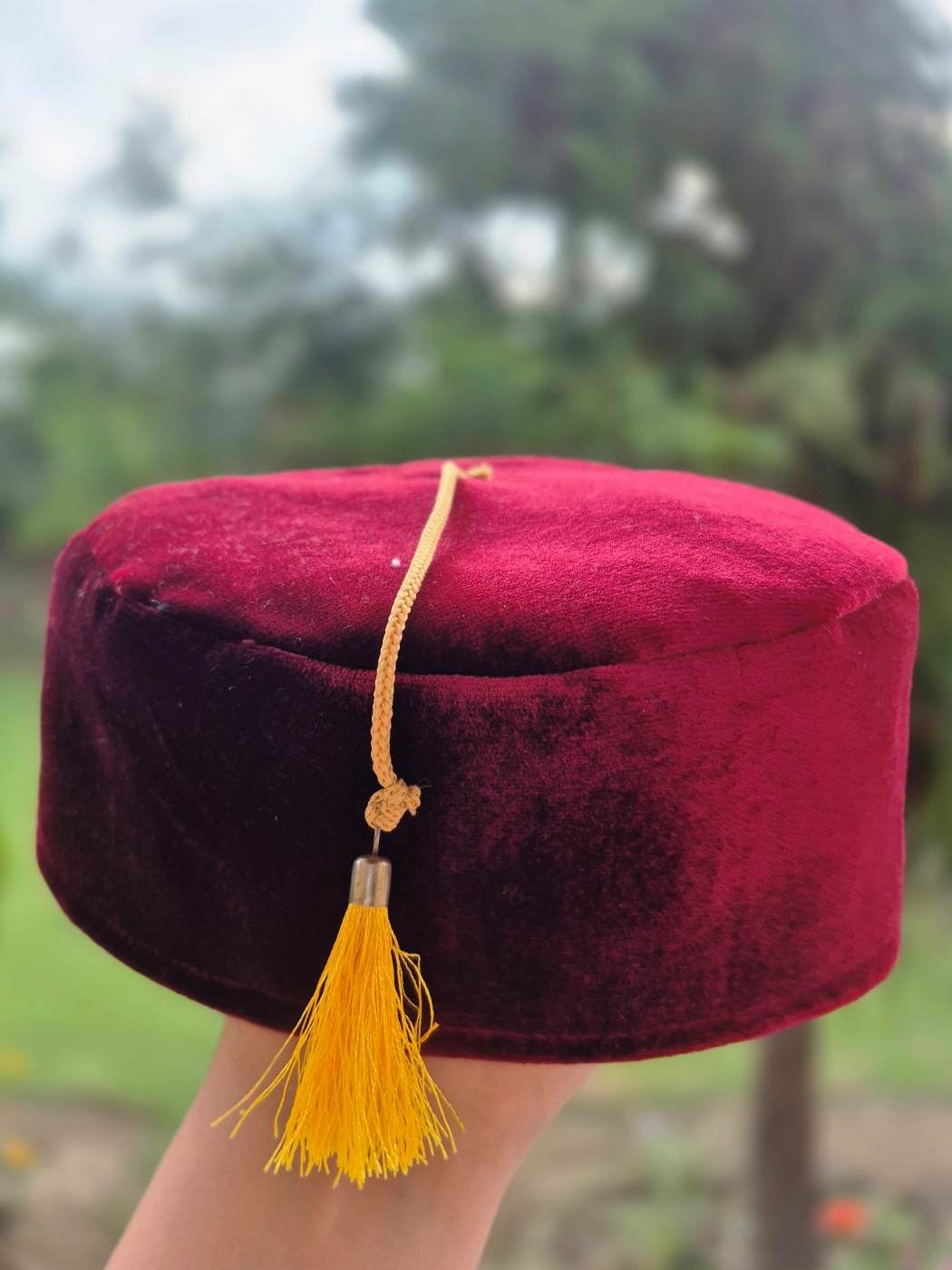 Maroon Velvet Turkish Fez Inspired Cap With Tassle | Height 3 Inch
