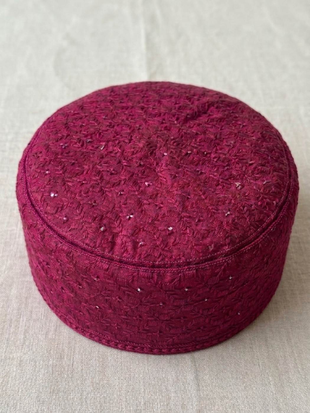 mens cap in maroon colour with chikankari