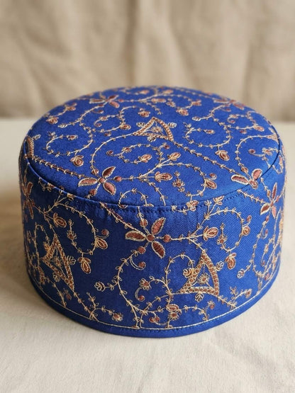 Blue Kashmiri Cap With Machine Sozni Work in Toosha | Munawar