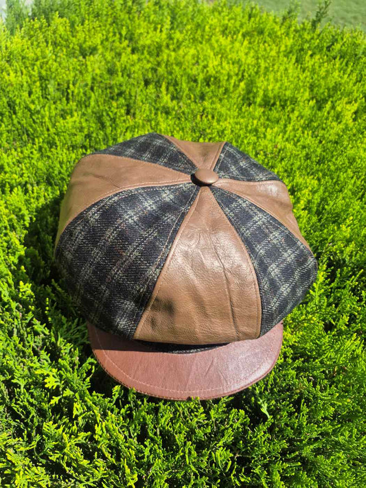 leather and tweed 8 panel cap top side