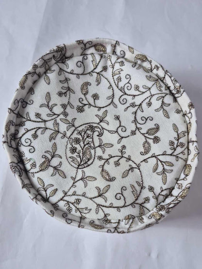 top of the white omani style cap with paisley zari embroidery 
