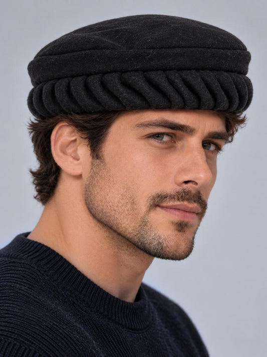 Black Twisted Pakol Cap – Handmade Kabuli Zigzag Topi