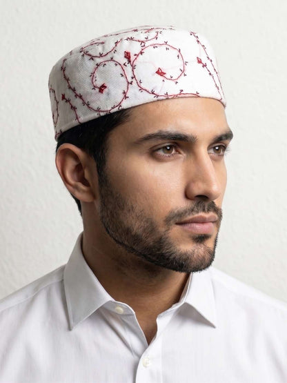 Stylish White Cap with Kashmiri Hand Sozni Embroidery