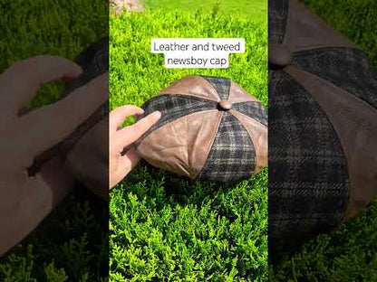 Newsboy Irish Style Baggy Cap in Leather and Tweed
