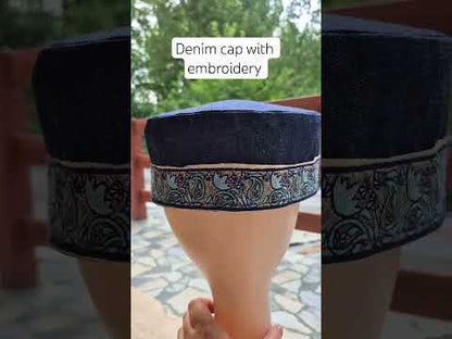 Blue Denim Cotton Round Topi Cap With Elegant Lace Border