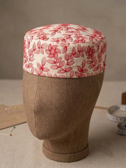 Summer Round Cap for Men in White With Red Embroidery | Pure Cotton