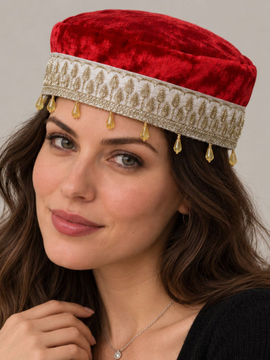 Kashmiri Red Partywear Velvet Cap With Zari Work For Women Mehak