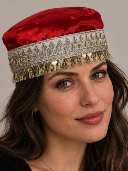 Kashmiri Velvet Cap for Wedding With Zari Work for Women In Red Aftab