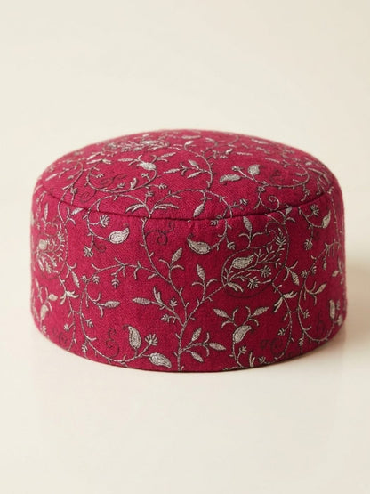 Maroon Zari Work Round Cap | Adil