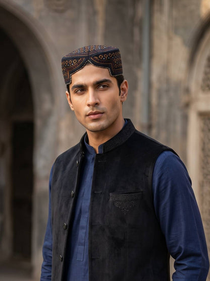 Navy Blue Traditional Sindhi Cap | Bugti Topi With Embroidery Aahsaan
