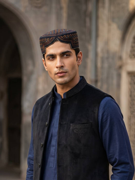 Navy Blue Traditional Sindhi Cap | Bugti Topi With Embroidery Aahsaan