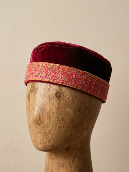 Sozni Embroidered Velvet Cap in Maroon | Foldable, Lightweight