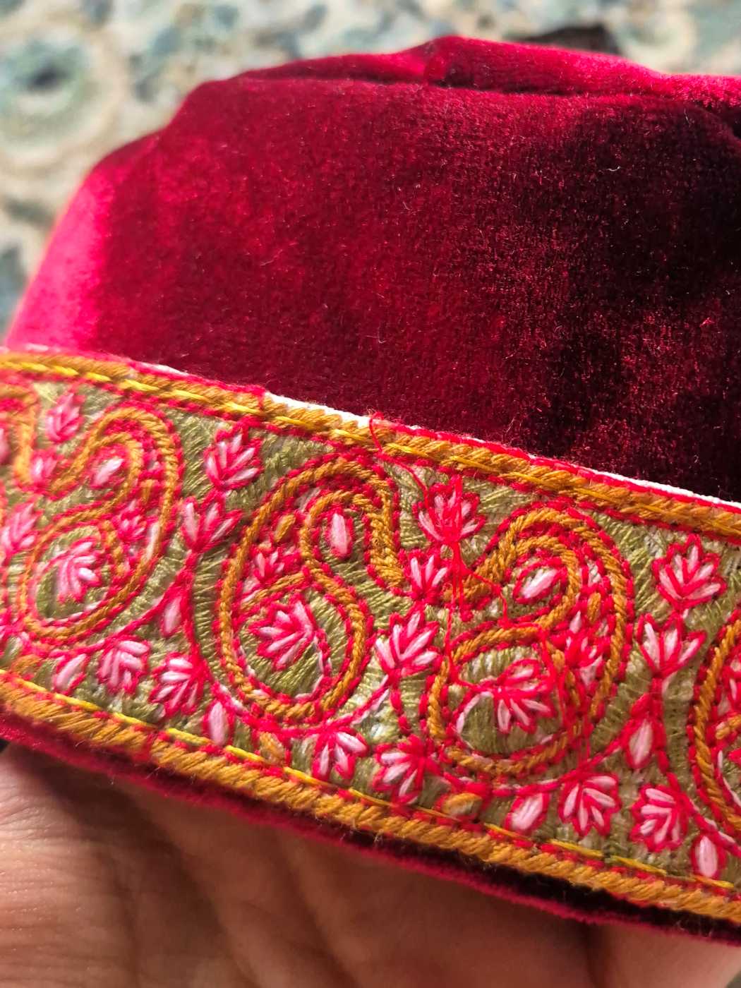 Sozni Embroidered Velvet Cap in Maroon | Foldable, Lightweight