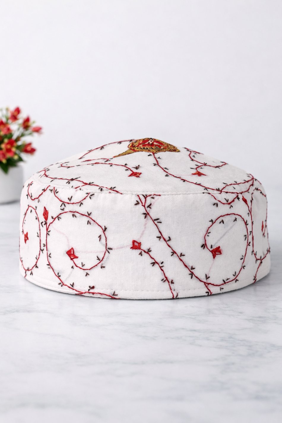 white Kashmiri handmade cap with red sozni work
